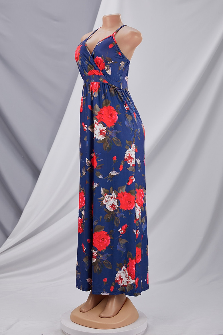 Summer Plus Size Vacation Style Floral Batch Printing Stretch Adjustable Straps Stylish Pastoral Maxi Dress 1# Plus-Size Dresses