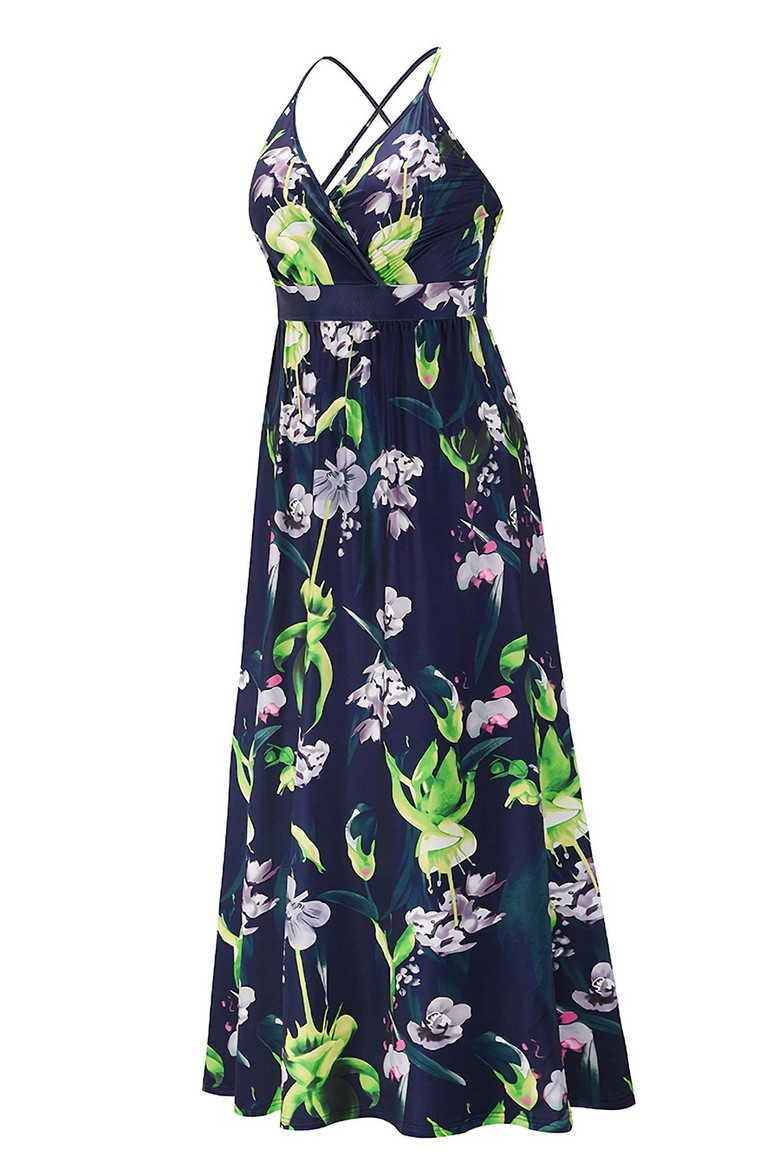 Summer Plus Size Vacation Style Floral Batch Printing Stretch Adjustable Straps Stylish Pastoral Maxi Dress 2#