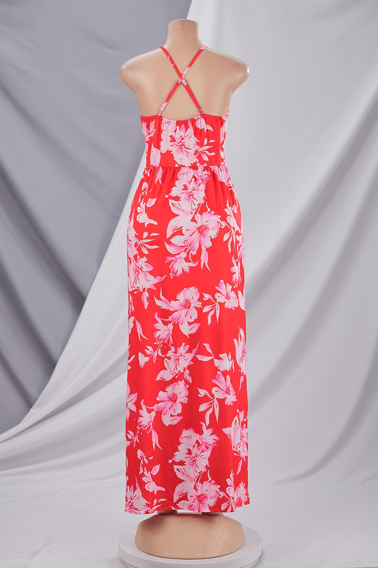 Summer Plus Size Vacation Style Floral Batch Printing Stretch Adjustable Straps Stylish Pastoral Maxi Dress 3#
