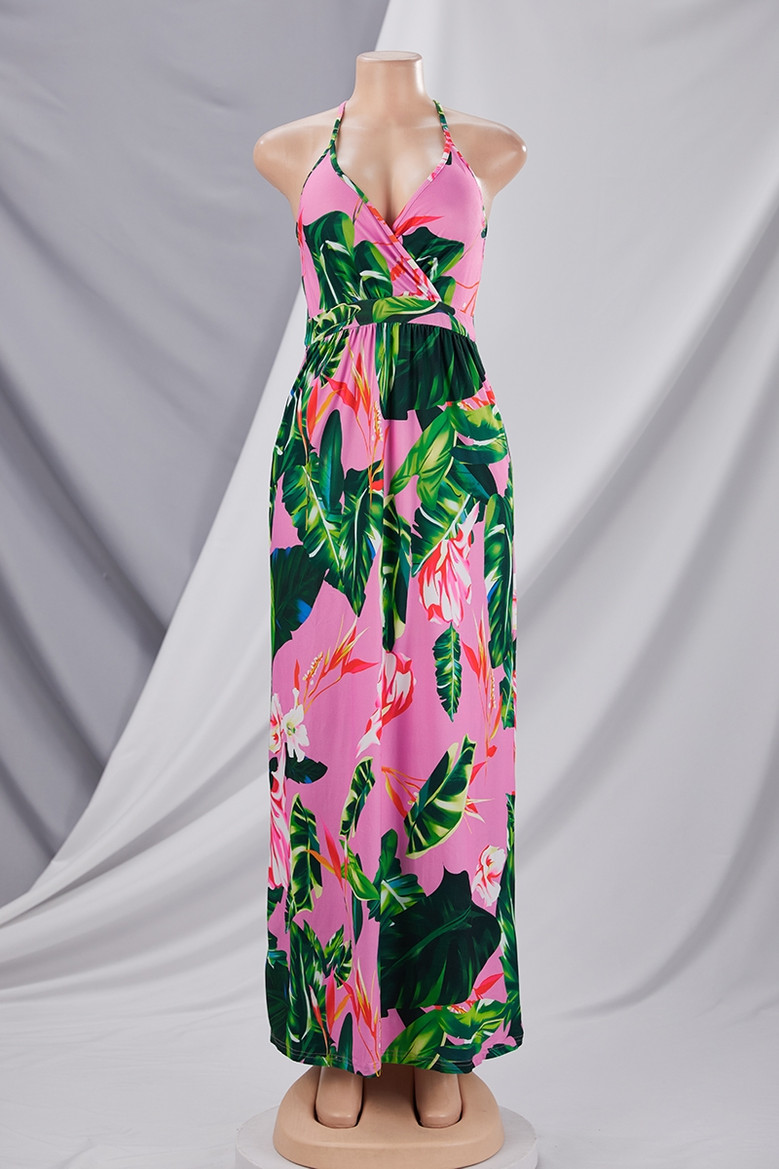 Summer Plus Size Vacation Style Leaf Flower Batch Printing Stretch Adjustable Straps Stylish Pastoral Maxi Dress