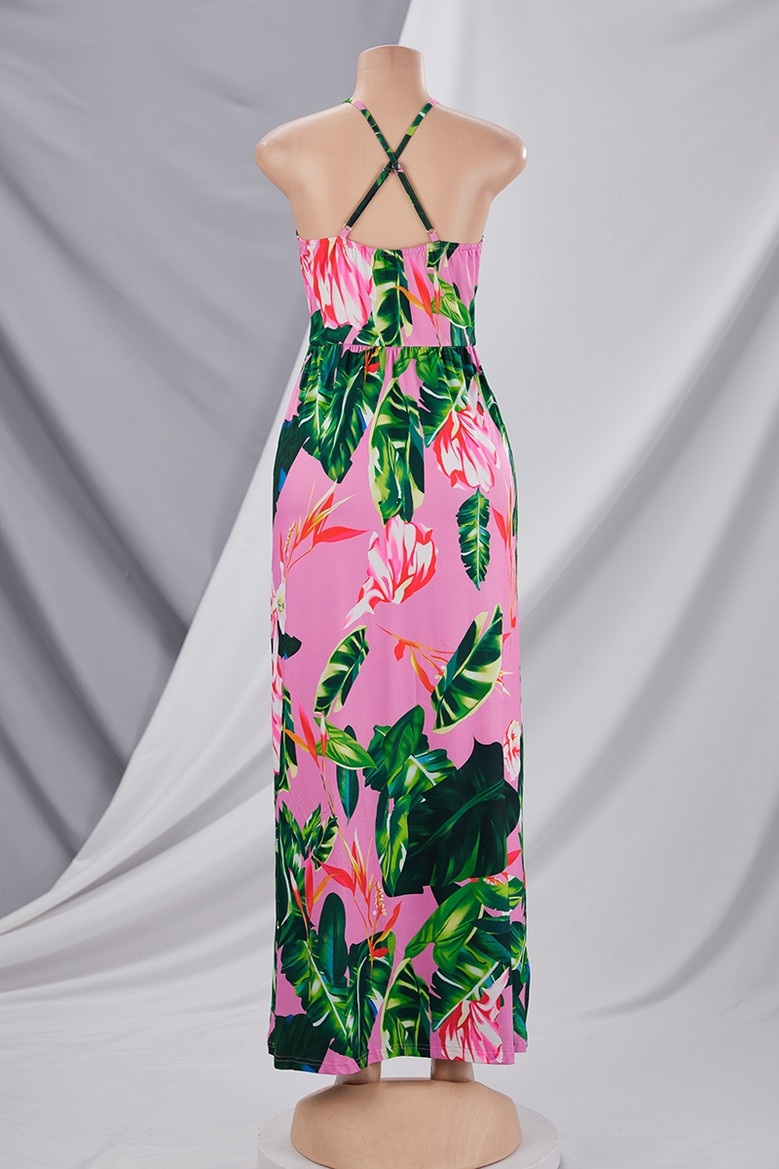 Summer Plus Size Vacation Style Leaf Flower Batch Printing Stretch Adjustable Straps Stylish Pastoral Maxi Dress