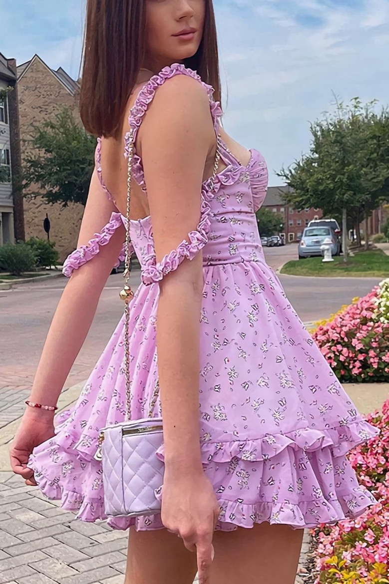 Summer Sling Falbala Batch Printing Sweet And Fresh Stretch Mini Dress Summer Sling Falbala Batch Printing Sweet And Fresh Stretch Mini Dress