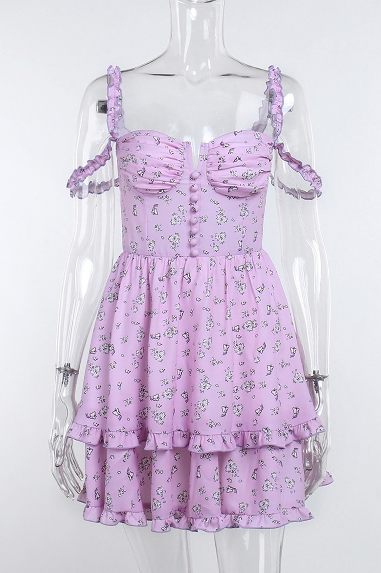 Summer Sling Falbala Batch Printing Sweet And Fresh Stretch Mini Dress Summer Sling Falbala Batch Printing Sweet And Fresh Stretch Mini Dress