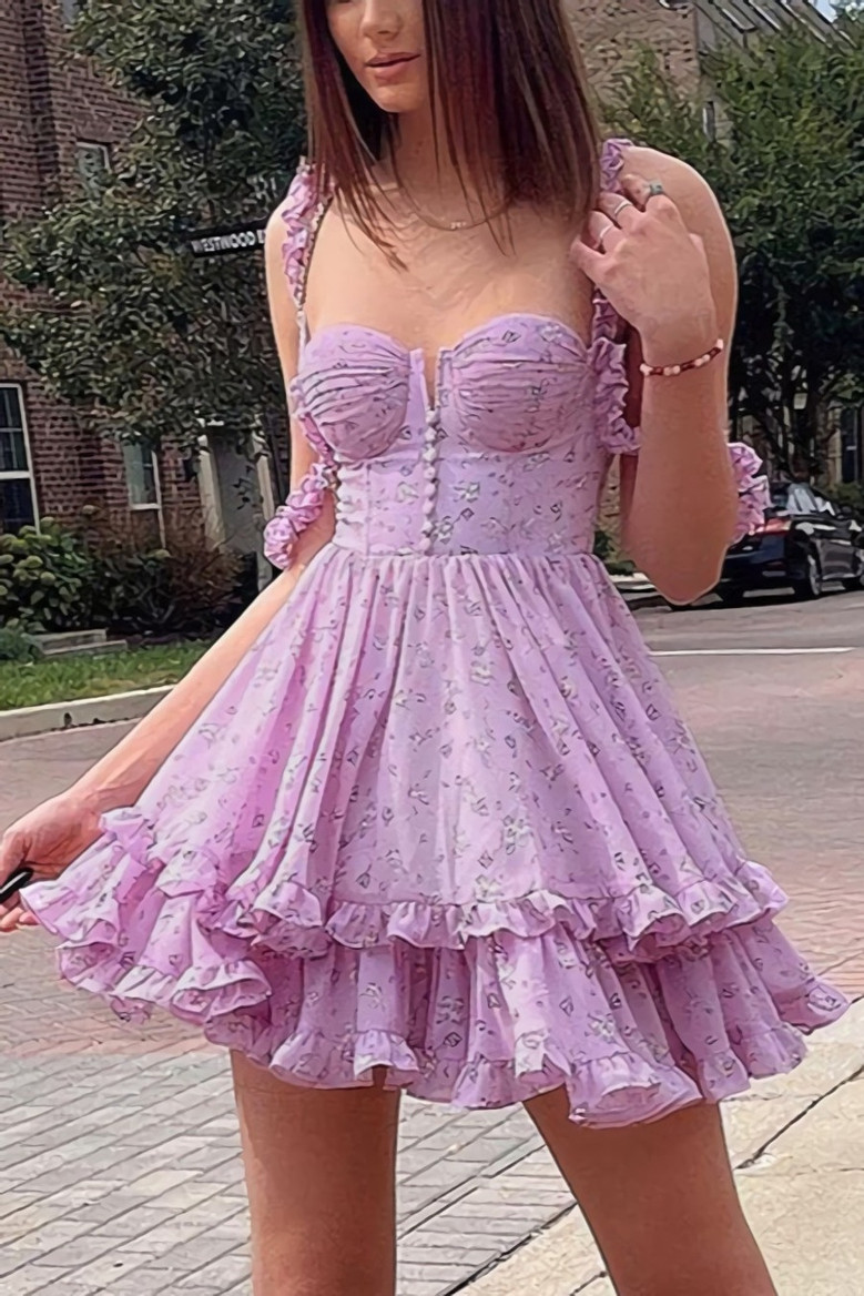 Summer Sling Falbala Batch Printing Sweet And Fresh Stretch Mini Dress Summer Sling Falbala Batch Printing Sweet And Fresh Stretch Mini Dress