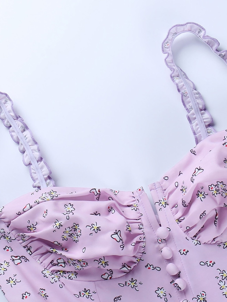 Summer Sling Falbala Batch Printing Sweet And Fresh Stretch Mini Dress Summer Sling Falbala Batch Printing Sweet And Fresh Stretch Mini Dress