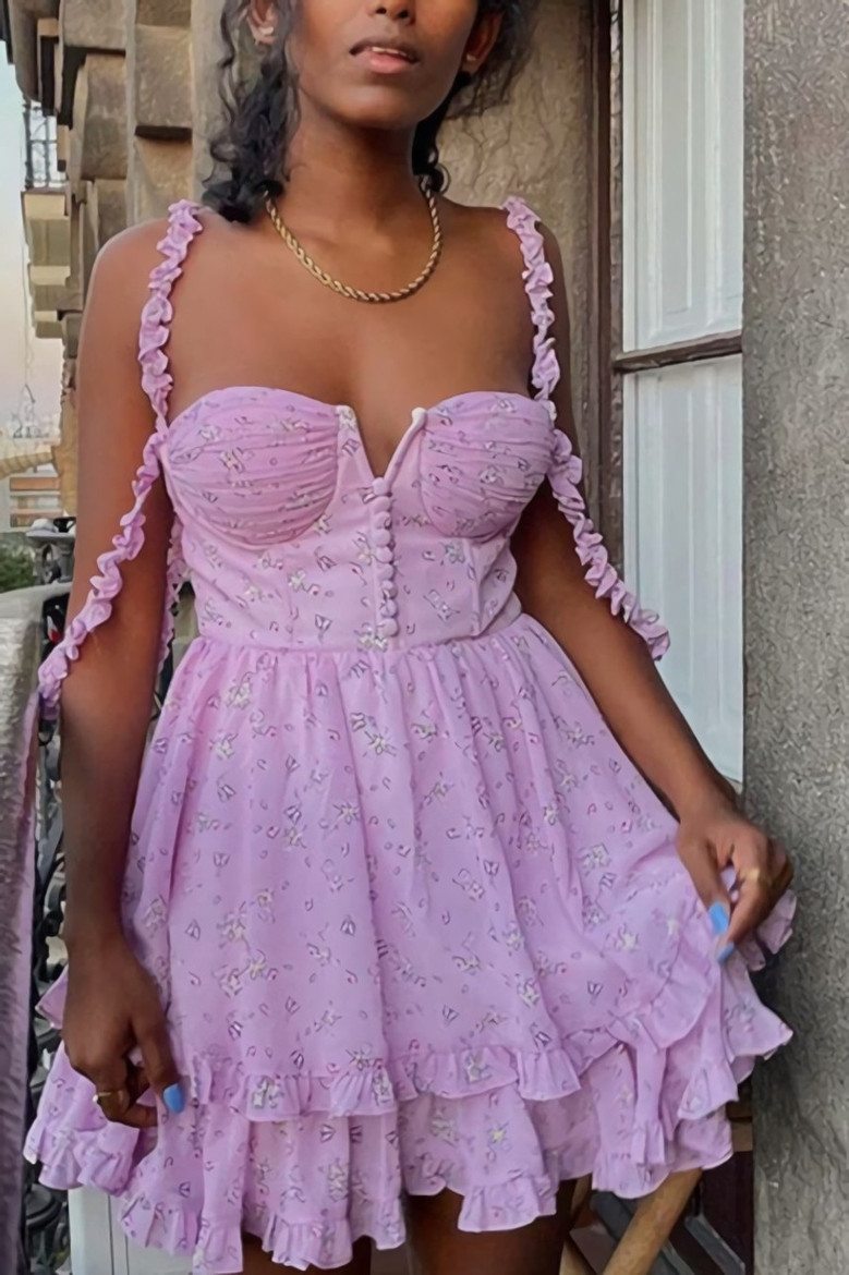 Summer Sling Falbala Batch Printing Sweet And Fresh Stretch Mini Dress Summer Sling Falbala Batch Printing Sweet And Fresh Stretch Mini Dress