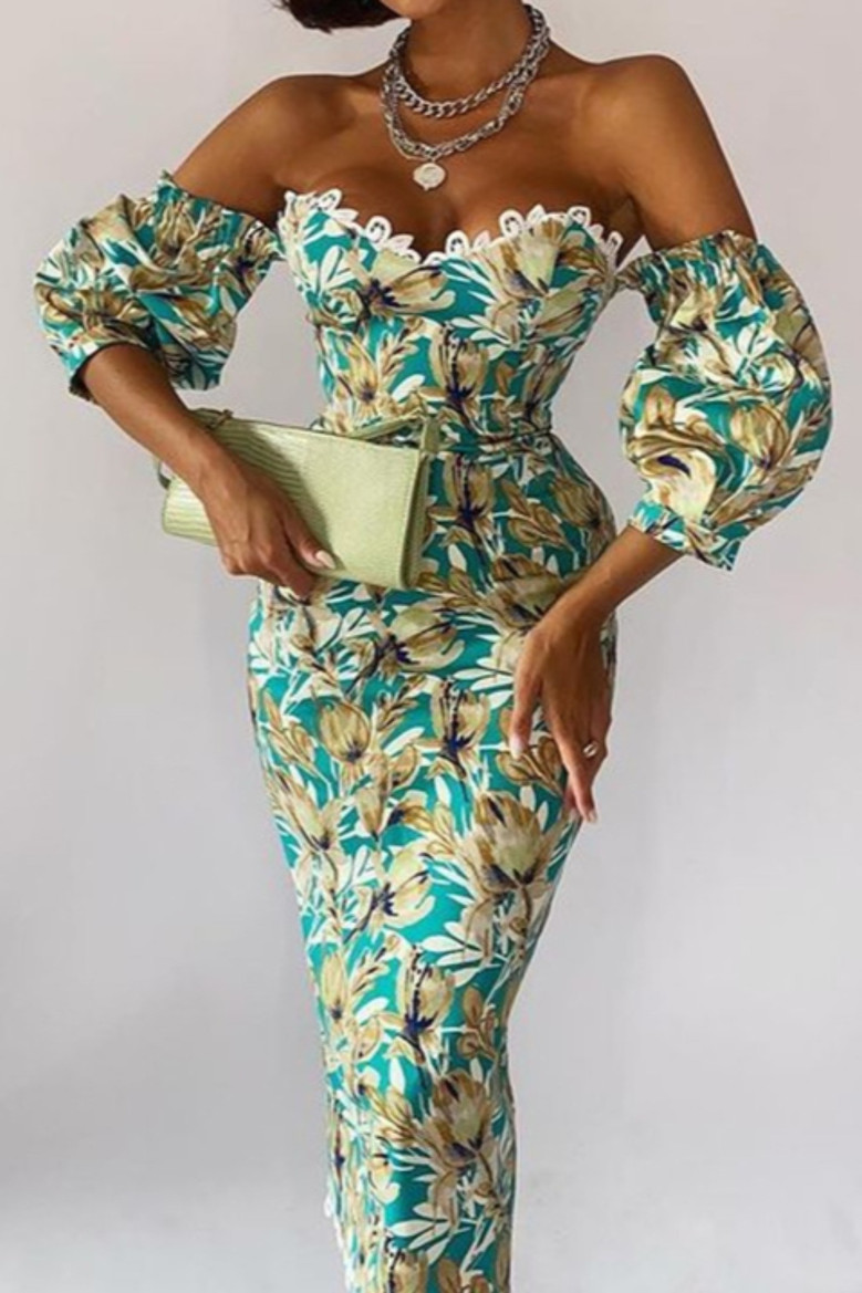 Summer Zip-Up Off Shoulder Batch Printing New Stylish Micro Elastic Slim Midi Dress