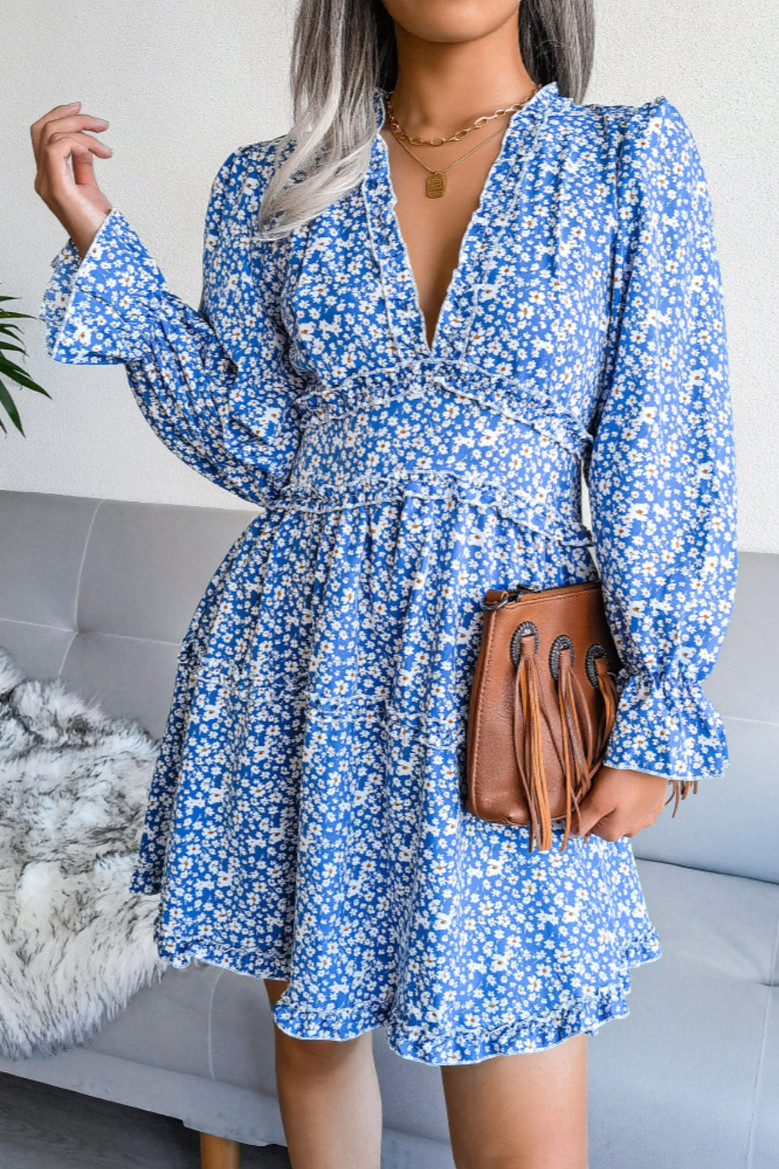 Three Colors Autumn Floral Batch Printing V-Neck Ruffle Loose Inelastic Chiffon Mini Dress