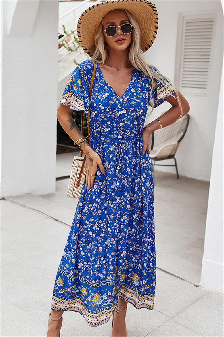 V-Neck New Stylish Batch Print Single Breasted Laced Casual Vacation Dress V-Neck New Stylish Batch Print Single Breasted Laced Casual Vacation Dress