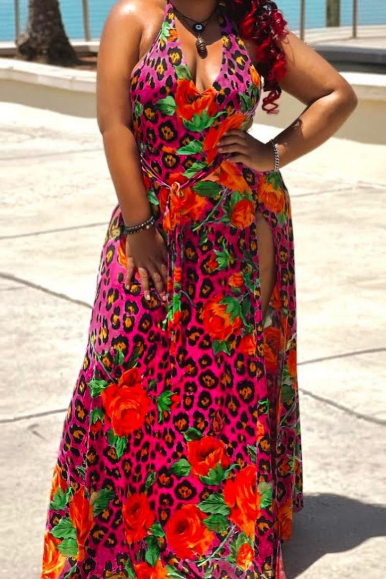 Xl-4Xl New Batch Printing Stretch Halter-Neck Low-Cut Tie-Waist High Slit Sexy Stylish Maxi Dress