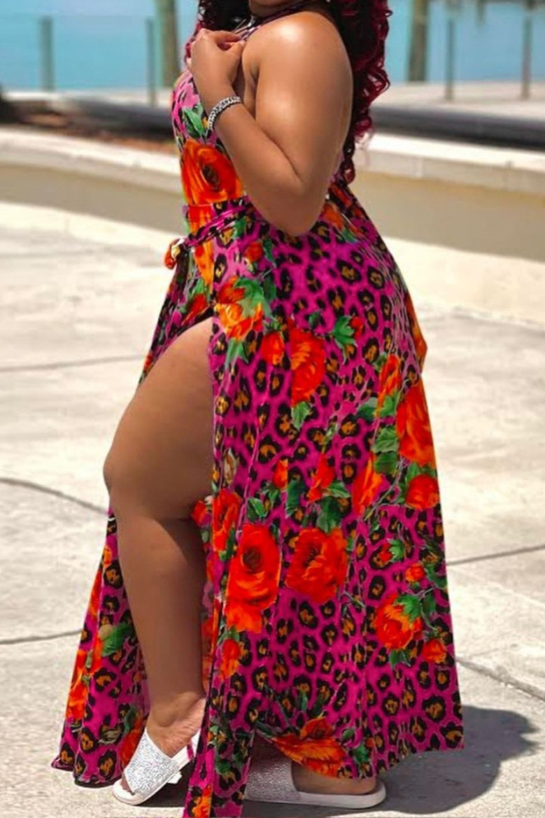 Xl-4Xl New Batch Printing Stretch Halter-Neck Low-Cut Tie-Waist High Slit Sexy Stylish Maxi Dress