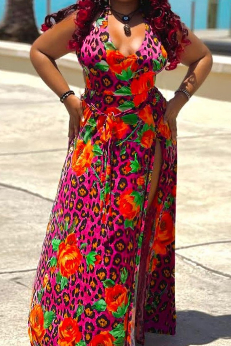 Xl-4Xl New Batch Printing Stretch Halter-Neck Low-Cut Tie-Waist High Slit Sexy Stylish Maxi Dress