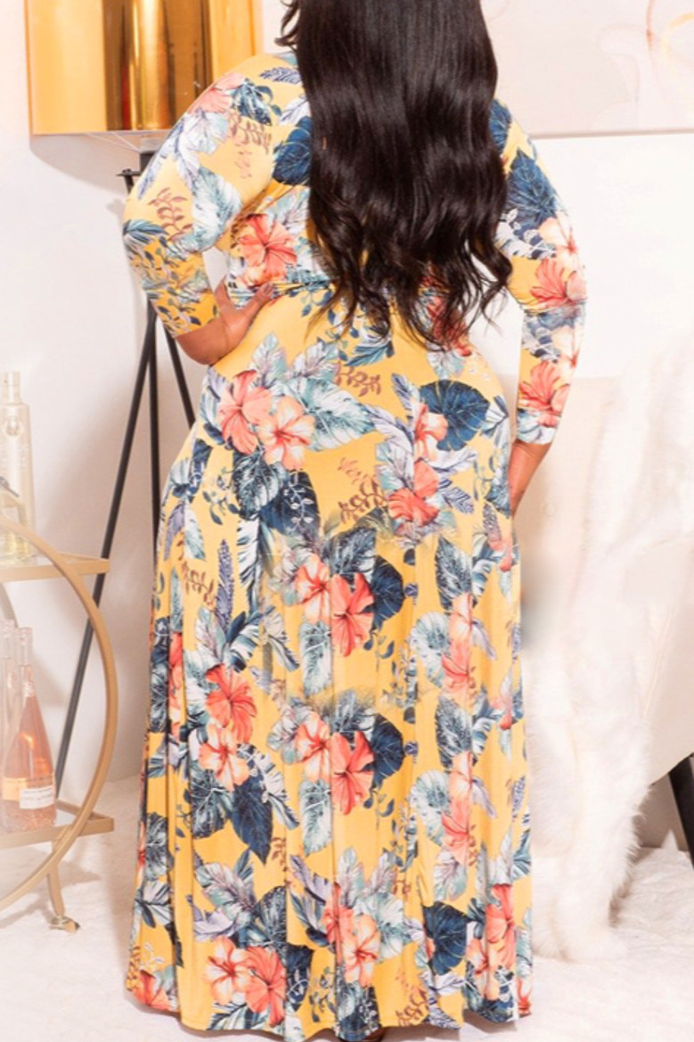 Xl-5Xl Autumn New All-Over Batch Printing Stretch V-Neck Stylish Casual Maxi Dress With Belt 5#