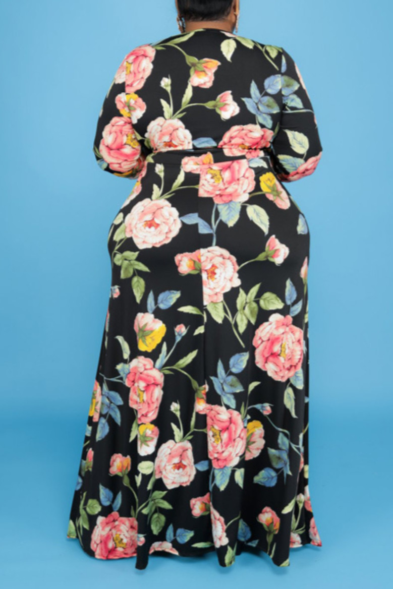 Xl-5Xl Autumn New All-Over Flower Batch Printing Stretch V-Neck Stylish Casual Maxi Dress With Belt 2#