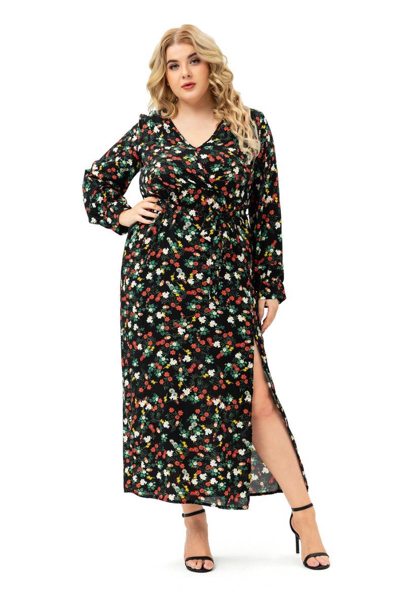 Xl-5Xl Autumn New Floral Printing Inelastic V-Neck High-Slit Stylish Maxi Dress With Belt