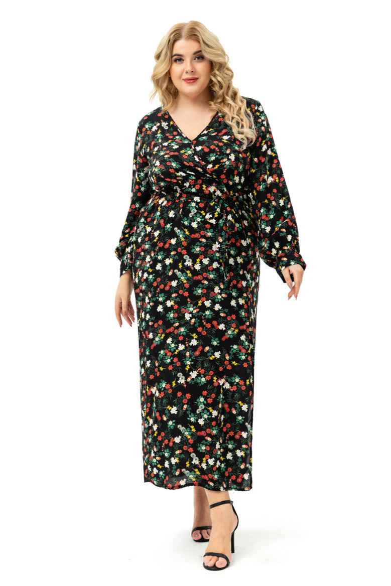 Xl-5Xl Autumn New Floral Printing Inelastic V-Neck High-Slit Stylish Maxi Dress With Belt