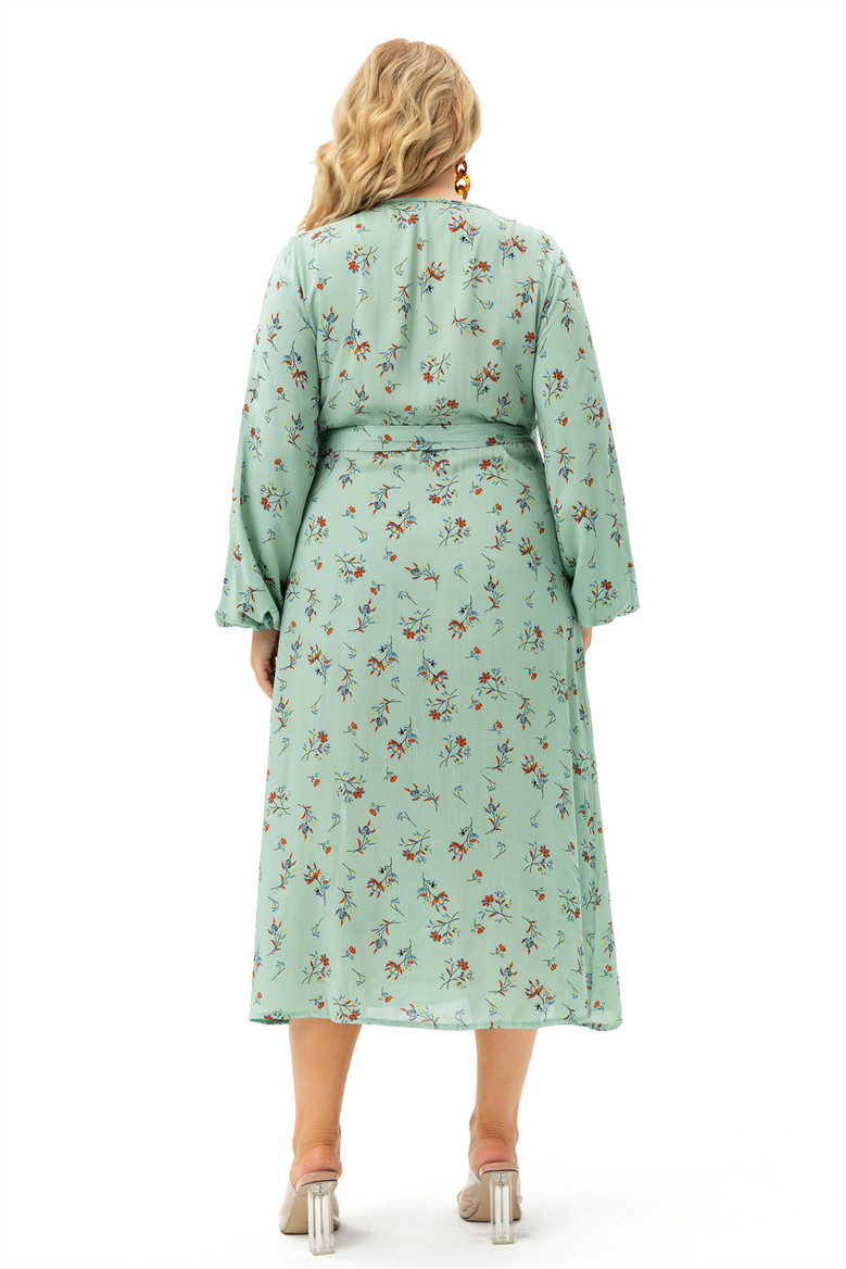 Xl-5Xl Autumn New Floral Printing Micro-Elastic V-Neck Tie-Waist Slit Stylish Midi Dress