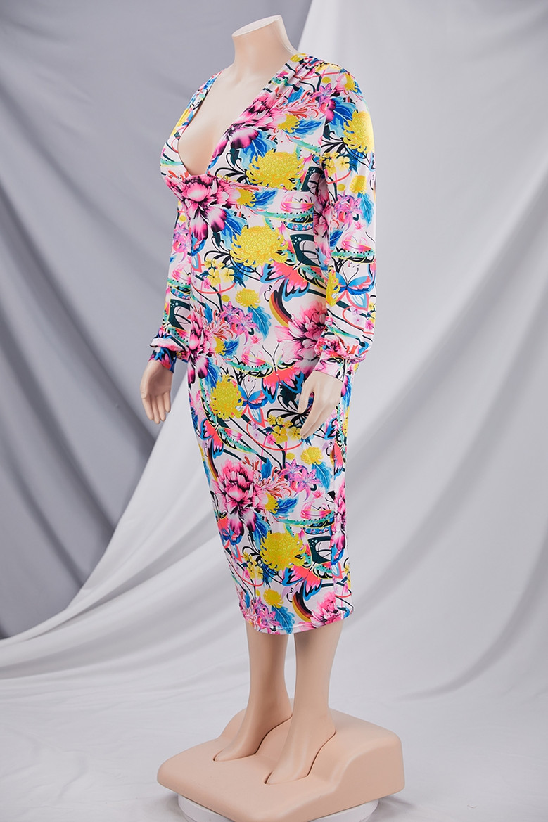 Xl-5Xl Plus Size Spring New Stylish Stretch Flower Batch Printing Deep V Neck Long Sleeves Slim Sexy Midi Dress
