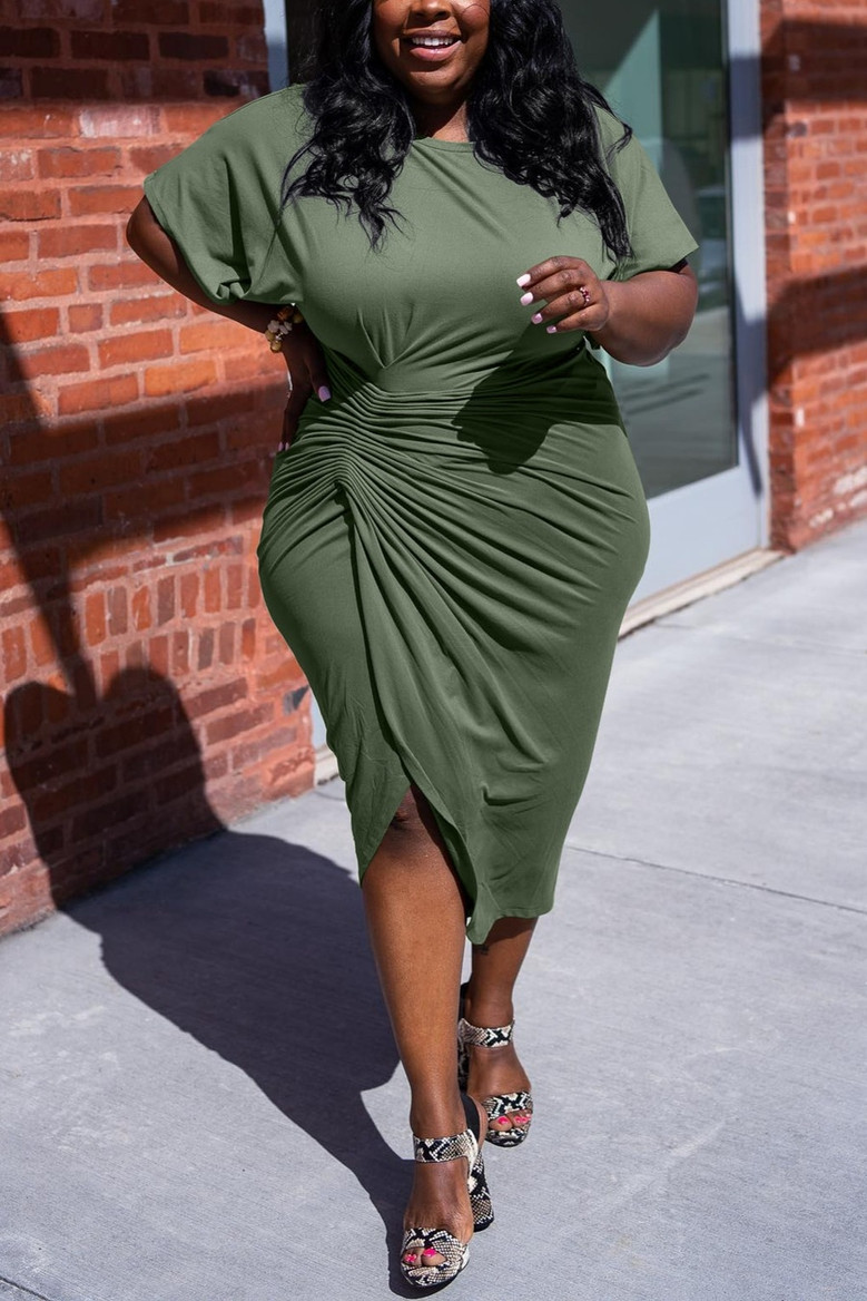 Xl-5Xl Plus Size Summer New Stylish 4 Colors Solid Color Stretch Shirring Irregular Loose Casual Midi Dress