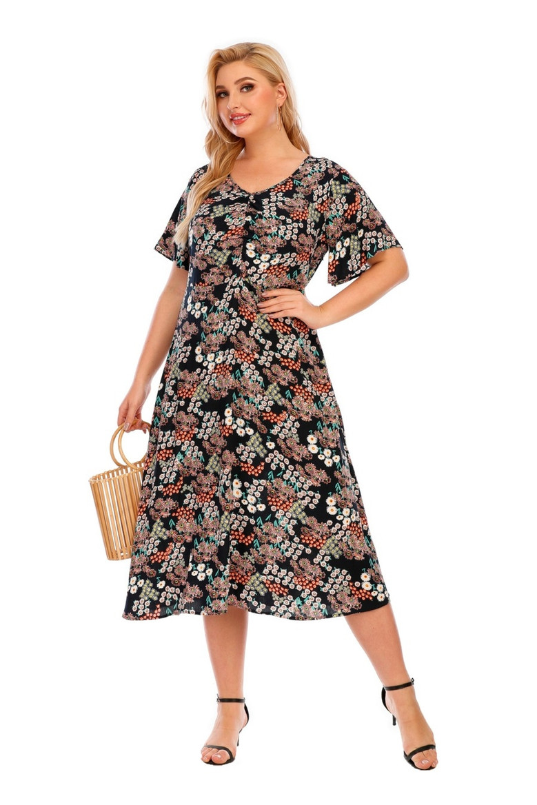 Xl-5Xl Plus Size Summer New Stylish Inelastic Batch Printing V-Neck Short Sleeves Loose Casual Midi Dress