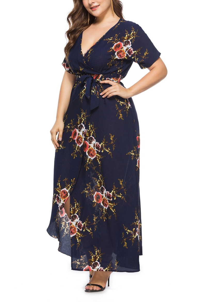 Xl-5Xl Summer New Plus Size Flower Batch Printing Inelastic V-Neck Stylish Bohemia Style Maxi Dress With Belt