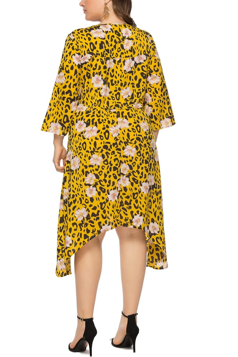 Xl-6Xl Plus Size Leopard & Floral Batch Printing Inelastic Waist-Tie Irregular Stylish Casual Midi Dress(With Belt)
