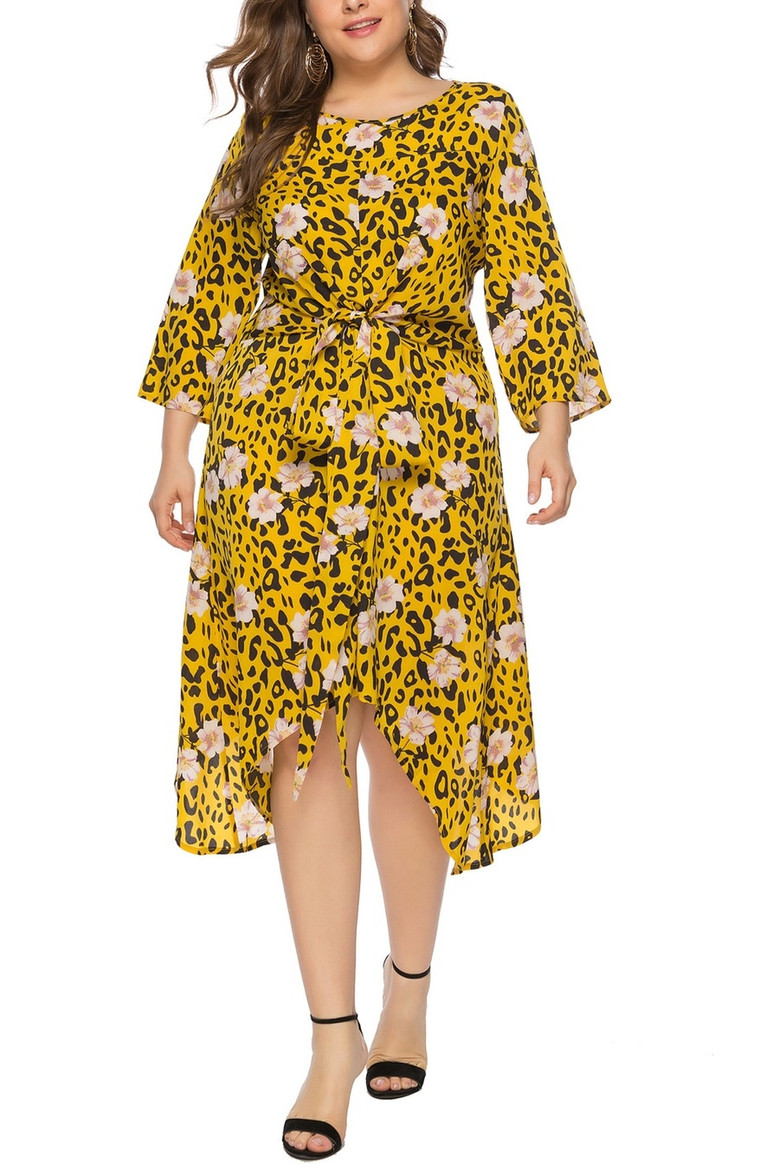 Xl-6Xl Plus Size Leopard & Floral Batch Printing Inelastic Waist-Tie Irregular Stylish Casual Midi Dress(With Belt)
