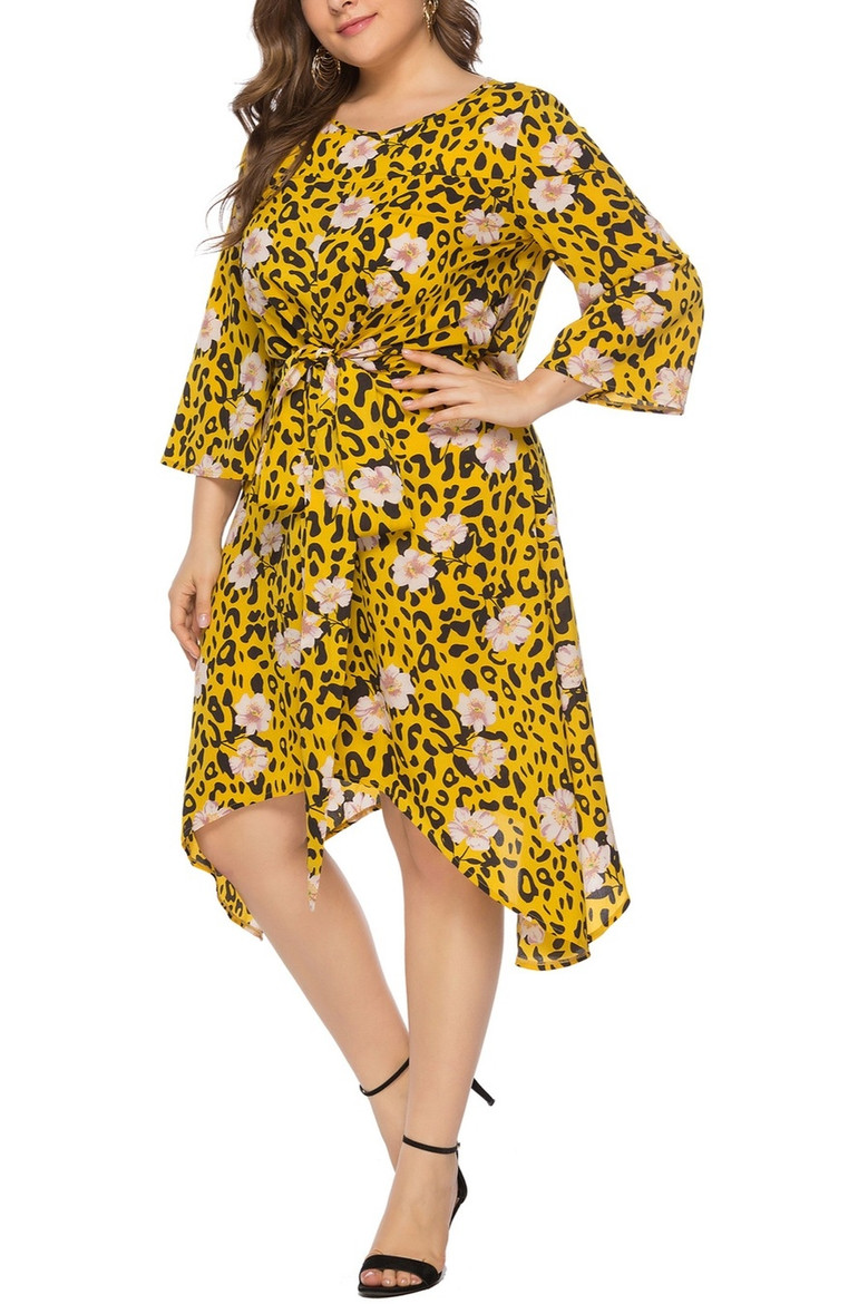 Xl-6Xl Plus Size Leopard & Floral Batch Printing Inelastic Waist-Tie Irregular Stylish Casual Midi Dress(With Belt)
