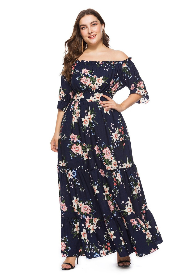 Xl-6Xl Plus Size Spring New Stylish Inelastic Floral Batch Printing Off-The Shoulder Elbow Sleeves Casual Maxi Dress