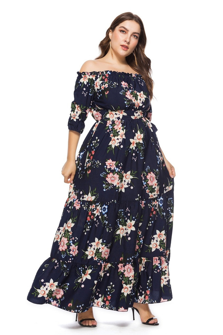 Xl-6Xl Plus Size Spring New Stylish Inelastic Floral Batch Printing Off-The Shoulder Elbow Sleeves Casual Maxi Dress