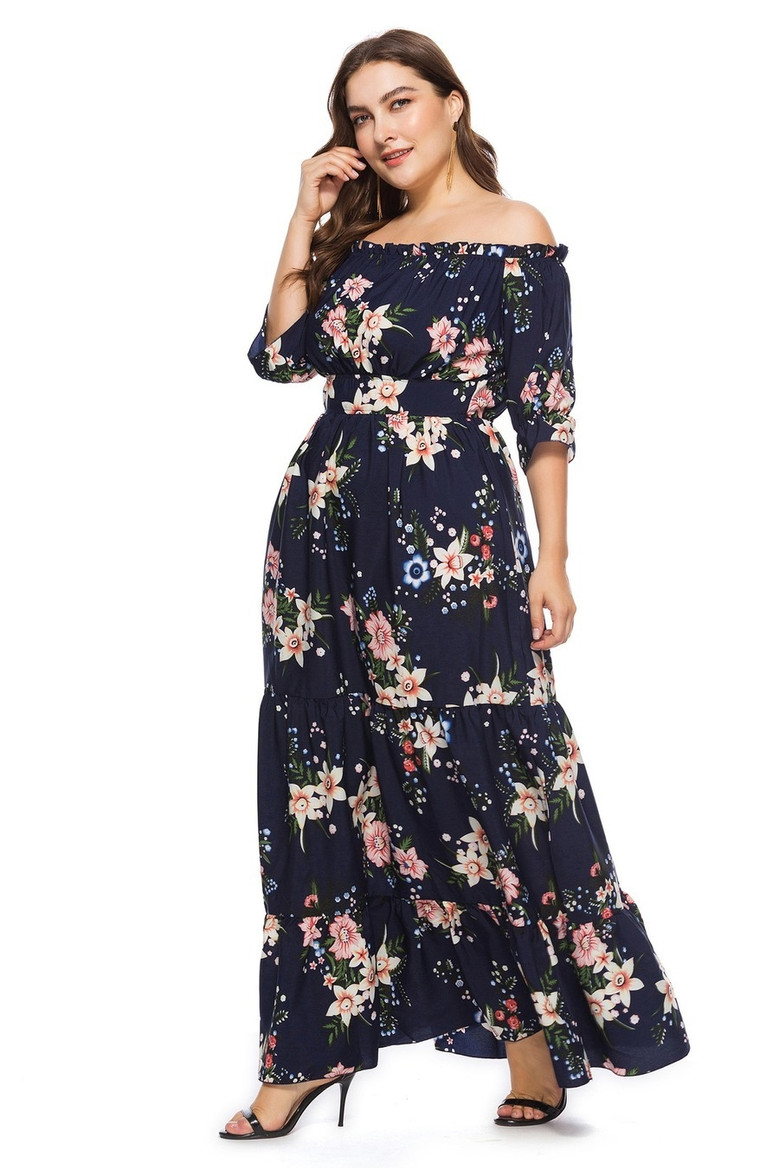 Xl-6Xl Plus Size Spring New Stylish Inelastic Floral Batch Printing Off-The Shoulder Elbow Sleeves Casual Maxi Dress