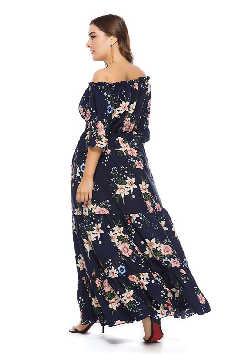 Xl-6Xl Plus Size Spring New Stylish Inelastic Floral Batch Printing Off-The Shoulder Elbow Sleeves Casual Maxi Dress