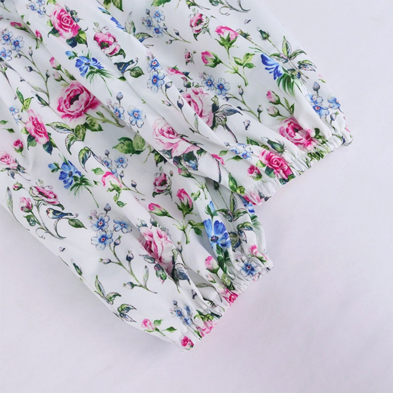 Xs-L Floral Printing Inelastic Square-Neck Lace-Up Zip-Up Back Sweet Rural Mini Dress