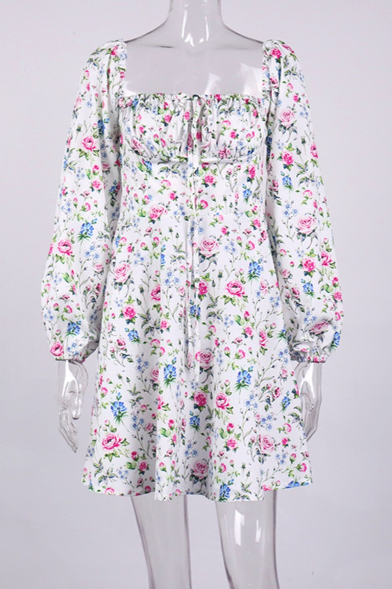 Xs-L Floral Printing Inelastic Square-Neck Lace-Up Zip-Up Back Sweet Rural Mini Dress