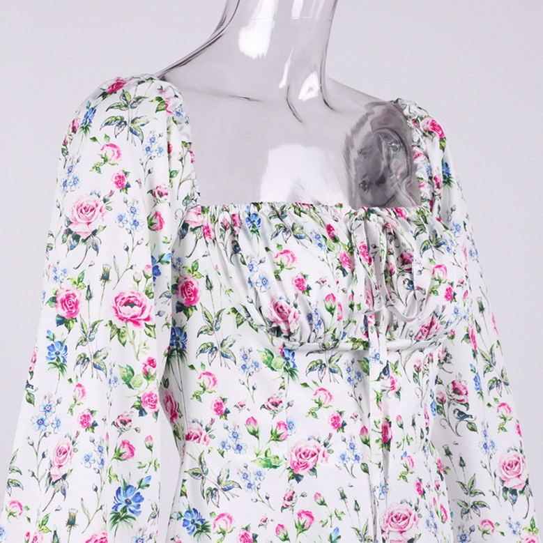 Xs-L Floral Printing Inelastic Square-Neck Lace-Up Zip-Up Back Sweet Rural Mini Dress