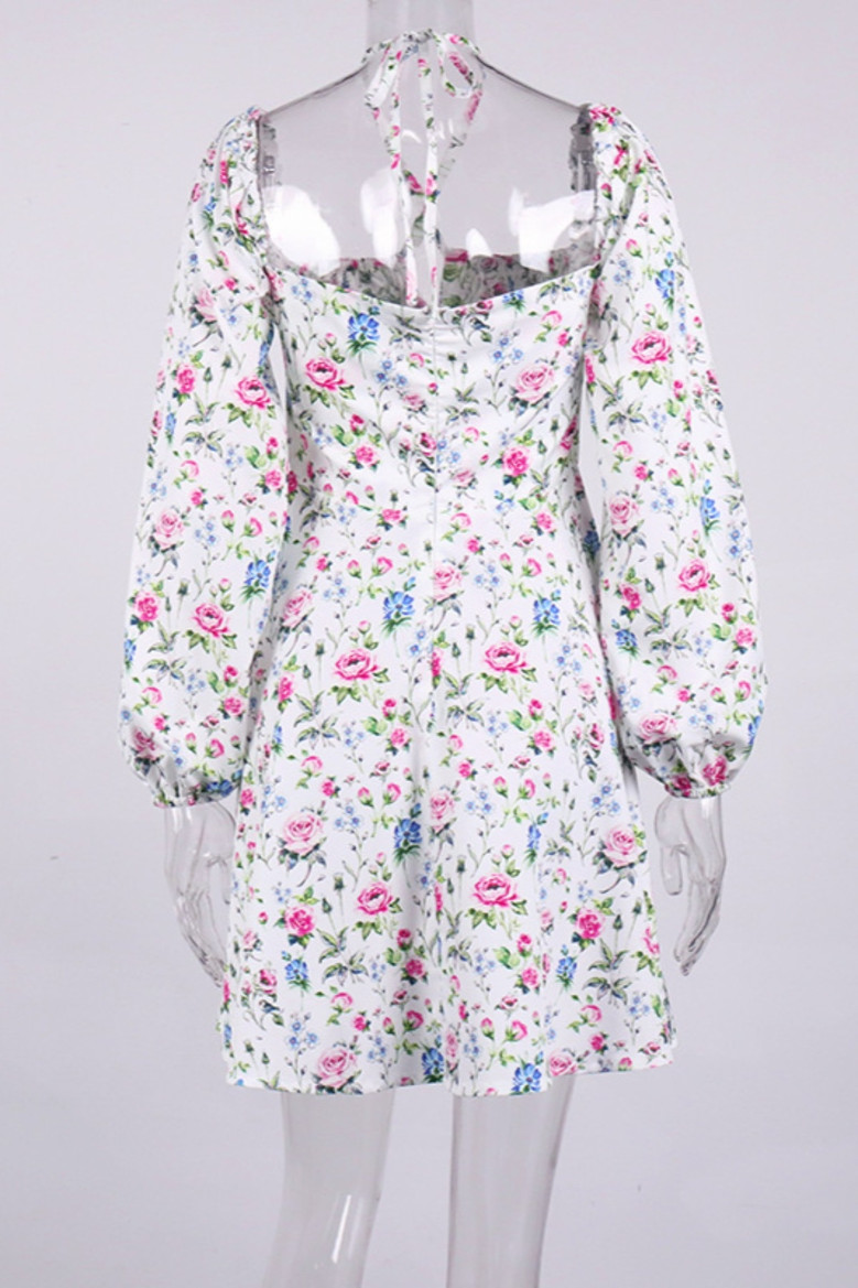Xs-L Floral Printing Inelastic Square-Neck Lace-Up Zip-Up Back Sweet Rural Mini Dress