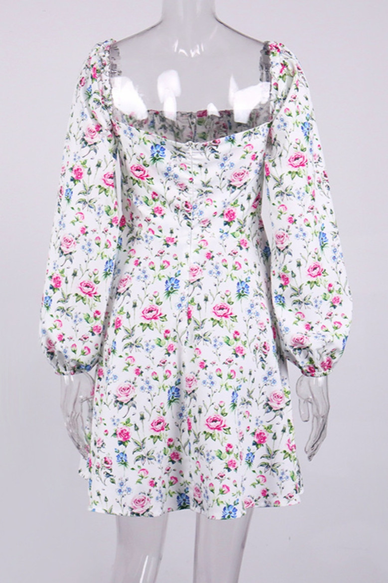 Xs-L Floral Printing Inelastic Square-Neck Lace-Up Zip-Up Back Sweet Rural Mini Dress