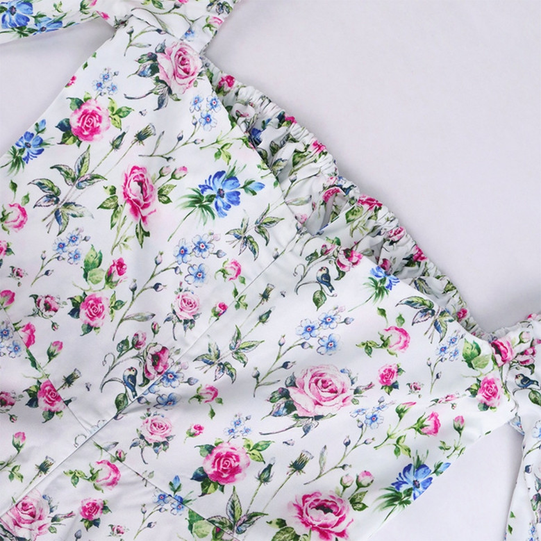 Xs-L Floral Printing Inelastic Square-Neck Lace-Up Zip-Up Back Sweet Rural Mini Dress