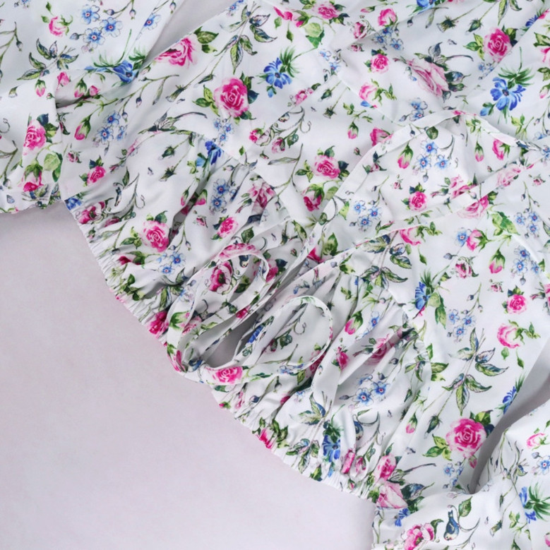 Xs-L Floral Printing Inelastic Square-Neck Lace-Up Zip-Up Back Sweet Rural Mini Dress