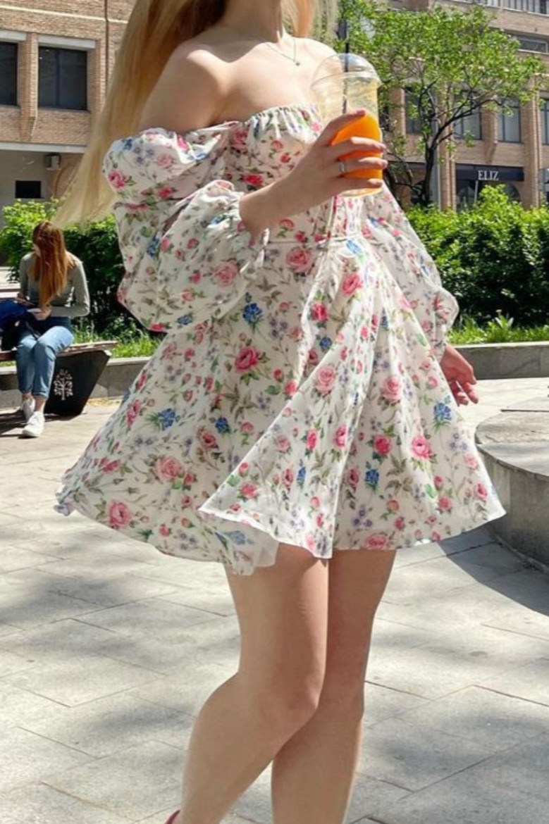 Xs-L Floral Printing Inelastic Square-Neck Lace-Up Zip-Up Back Sweet Rural Mini Dress