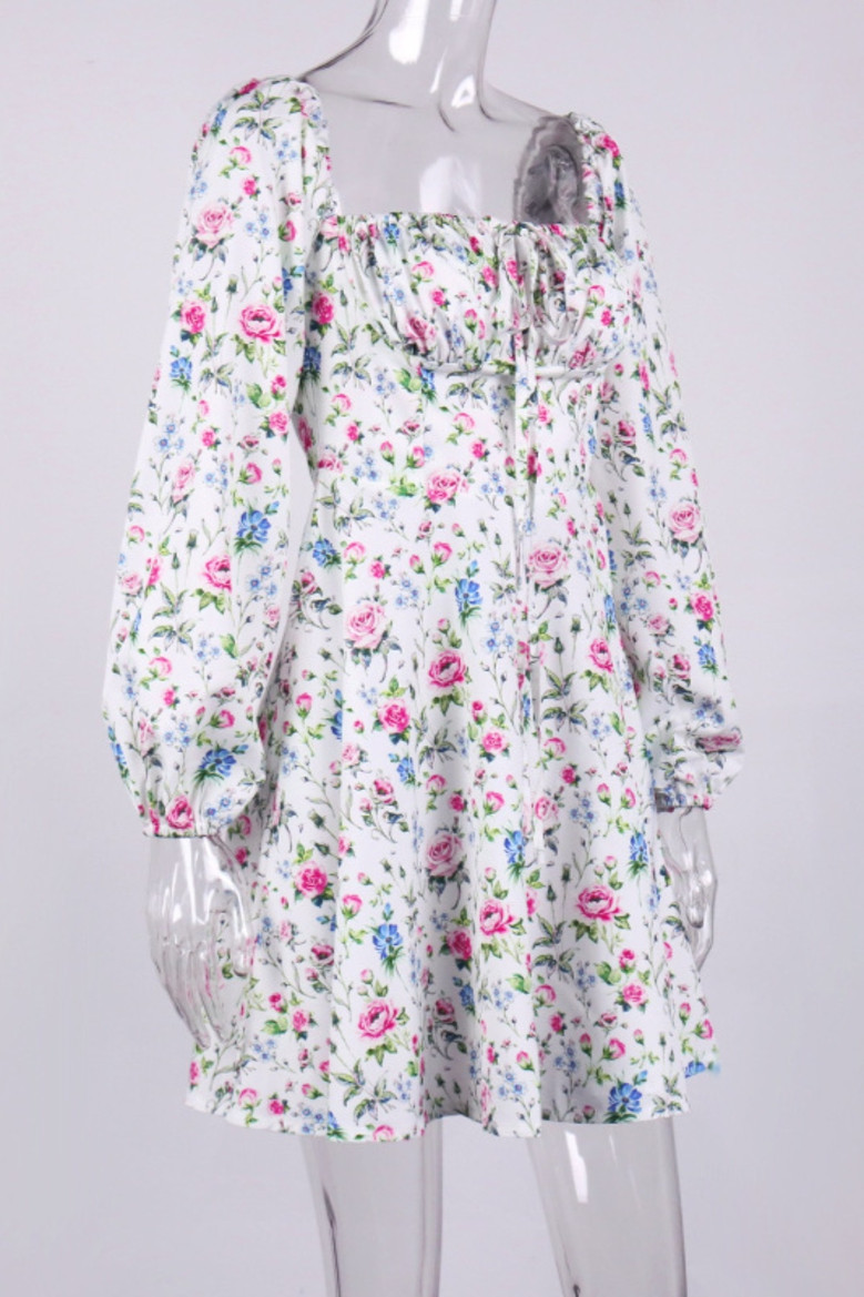 Xs-L Floral Printing Inelastic Square-Neck Lace-Up Zip-Up Back Sweet Rural Mini Dress