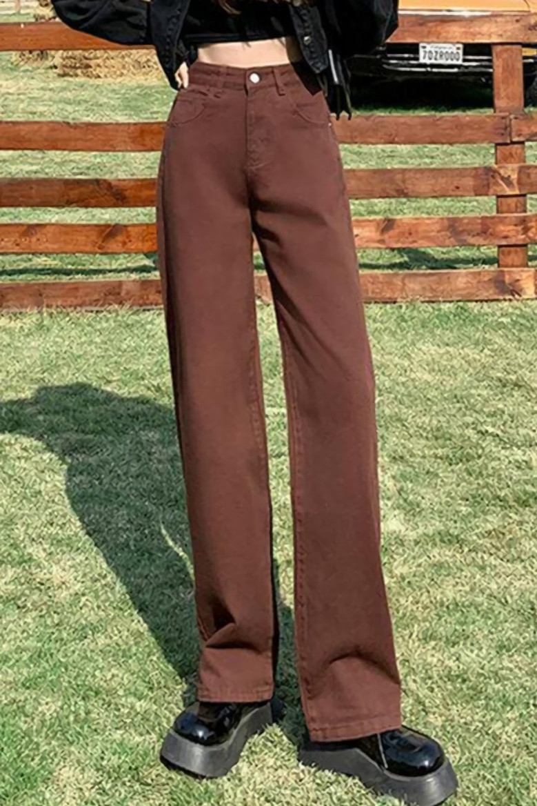 Xs-L Spring New Solid Color Inelastic High Waist Button Zip-Up Pockets Wide-Leg Stylish Straight Jeans