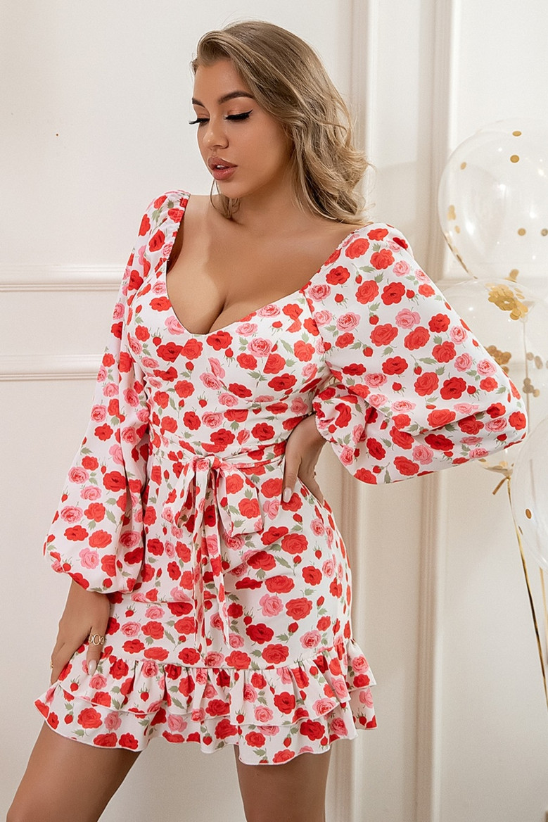 Xs-L Spring New Stylish Batch Printing Good Quality Ruffled Inelastic Zip-Up Sexy Mini Dress(With Belt)
