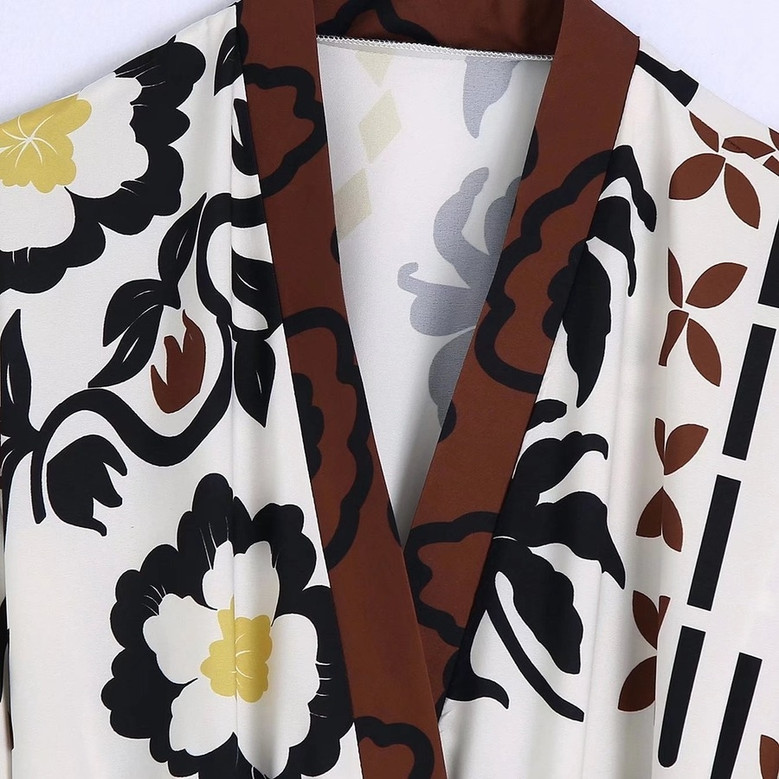 Xs-L Spring New Stylish Inelastic Flower Batch Printing Long Sleeves Lace-Up V-Neck Loose Casual Maxi Dress