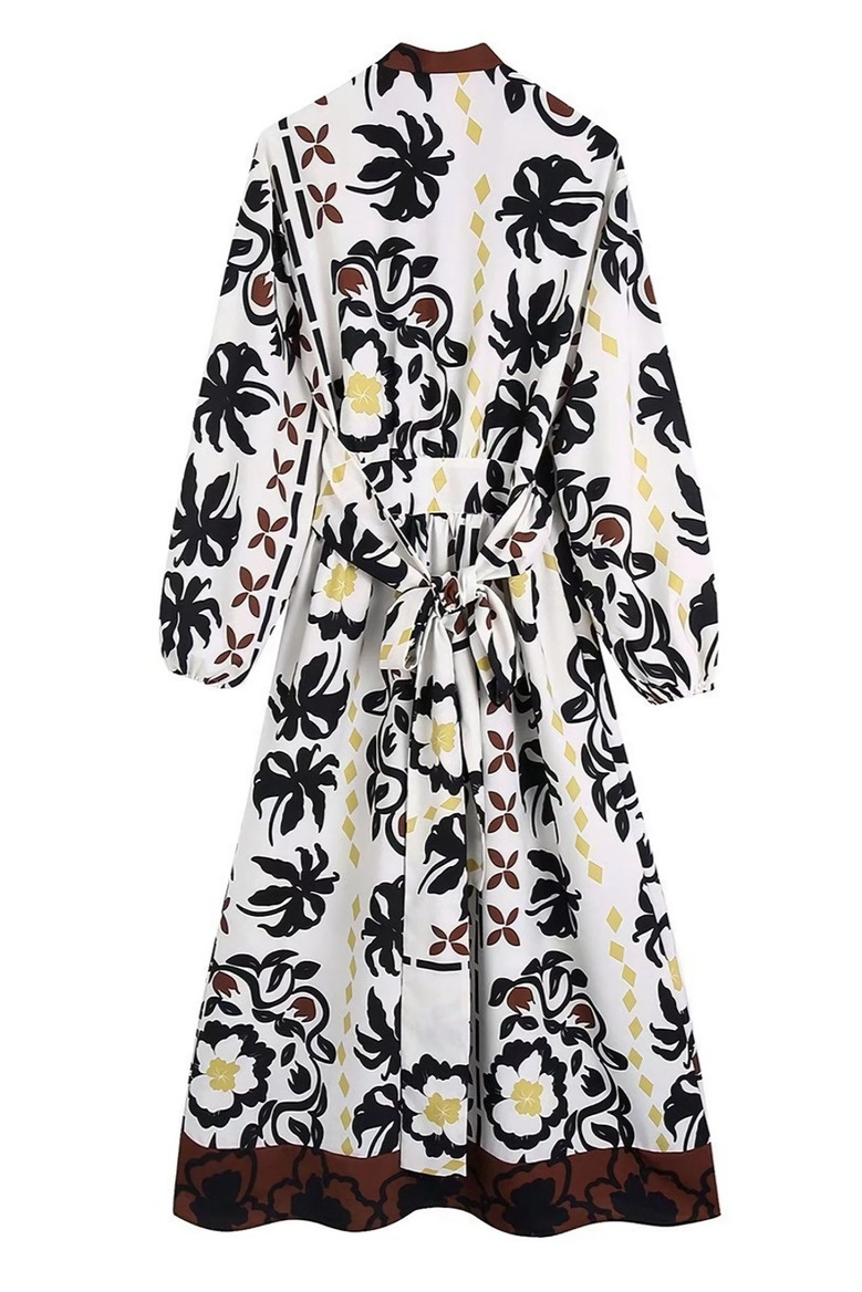 Xs-L Spring New Stylish Inelastic Flower Batch Printing Long Sleeves Lace-Up V-Neck Loose Casual Maxi Dress