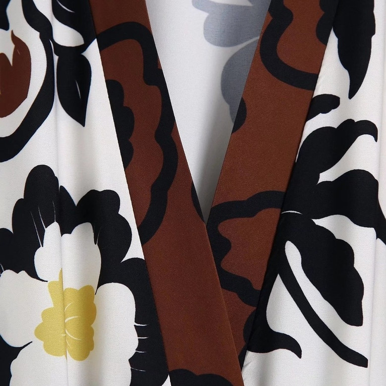 Xs-L Spring New Stylish Inelastic Flower Batch Printing Long Sleeves Lace-Up V-Neck Loose Casual Maxi Dress