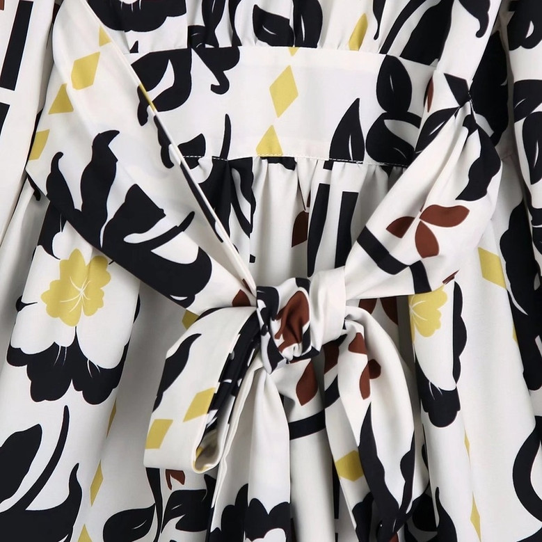 Xs-L Spring New Stylish Inelastic Flower Batch Printing Long Sleeves Lace-Up V-Neck Loose Casual Maxi Dress