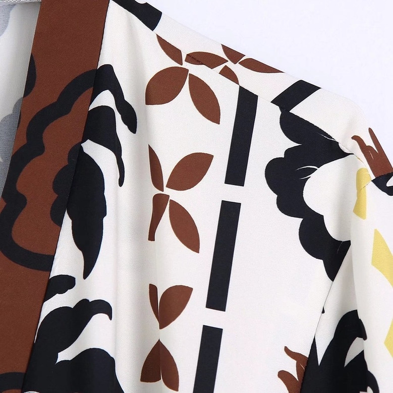 Xs-L Spring New Stylish Inelastic Flower Batch Printing Long Sleeves Lace-Up V-Neck Loose Casual Maxi Dress