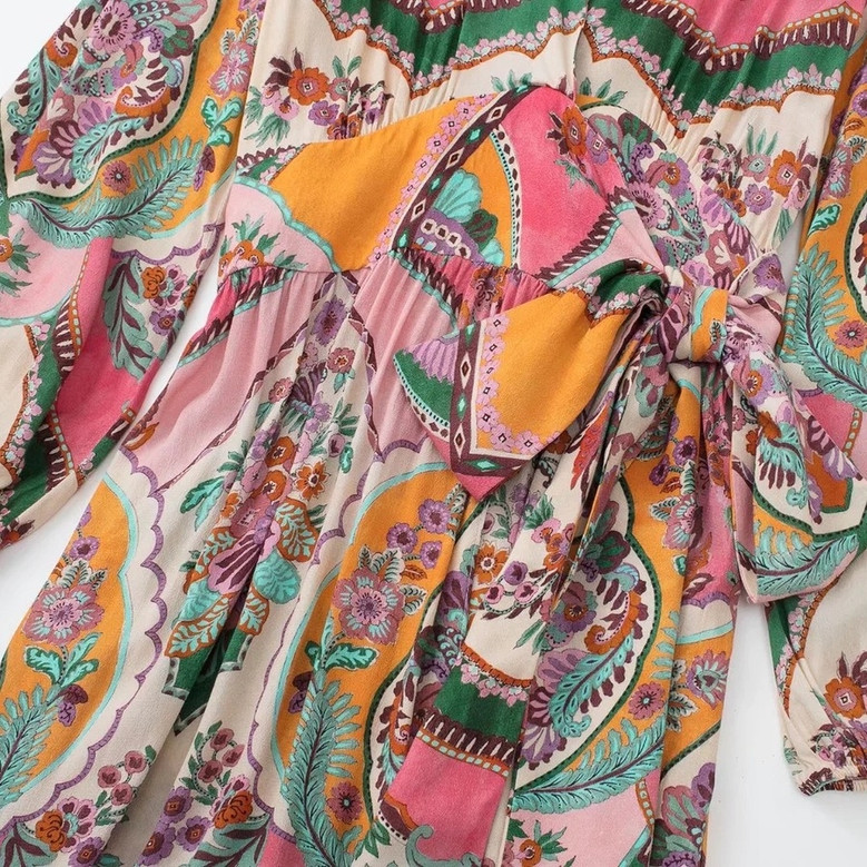 Xs-L Spring New Stylish Micro Elastic Flower Batch Printing Lace-Up Long Sleeves Casual Maxi Dress