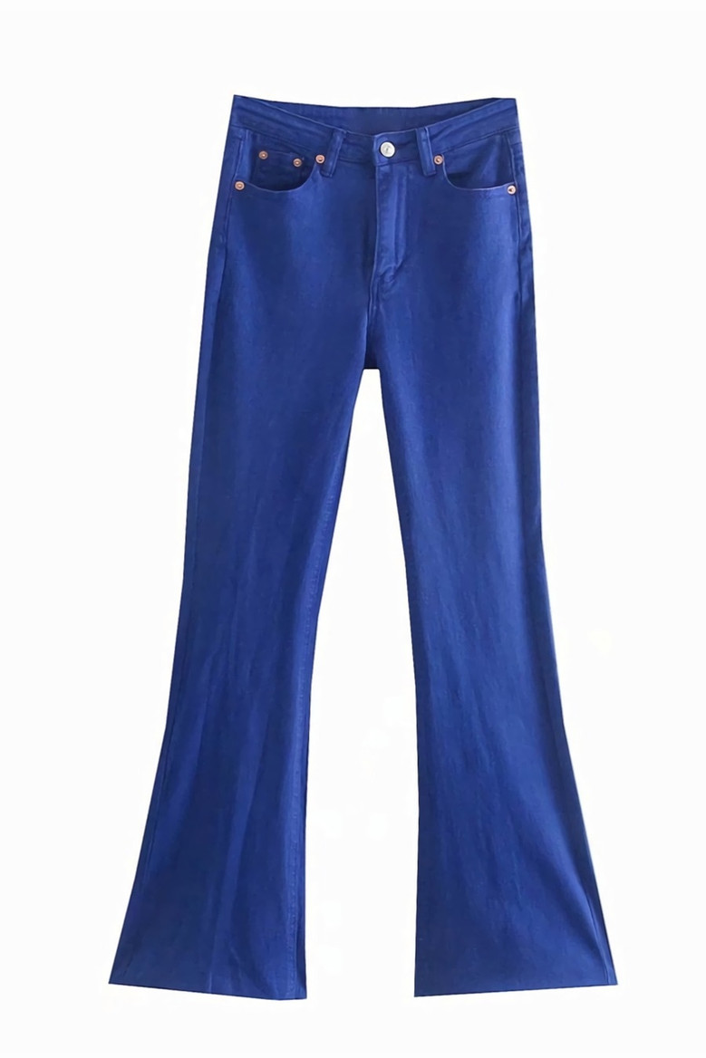 Xs-L Spring Three Colors Solid Color Micro-Elastic High Waist Pockets Button Zip-Up Stylish High Quality Flare Jeans